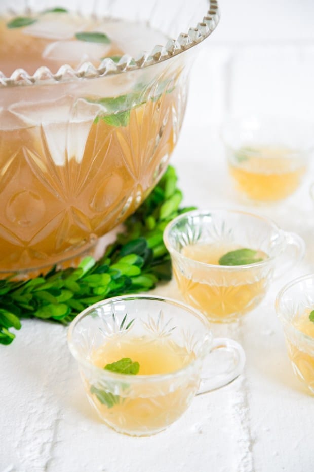 Green tea Irish Whiskey in a punch bowl. 