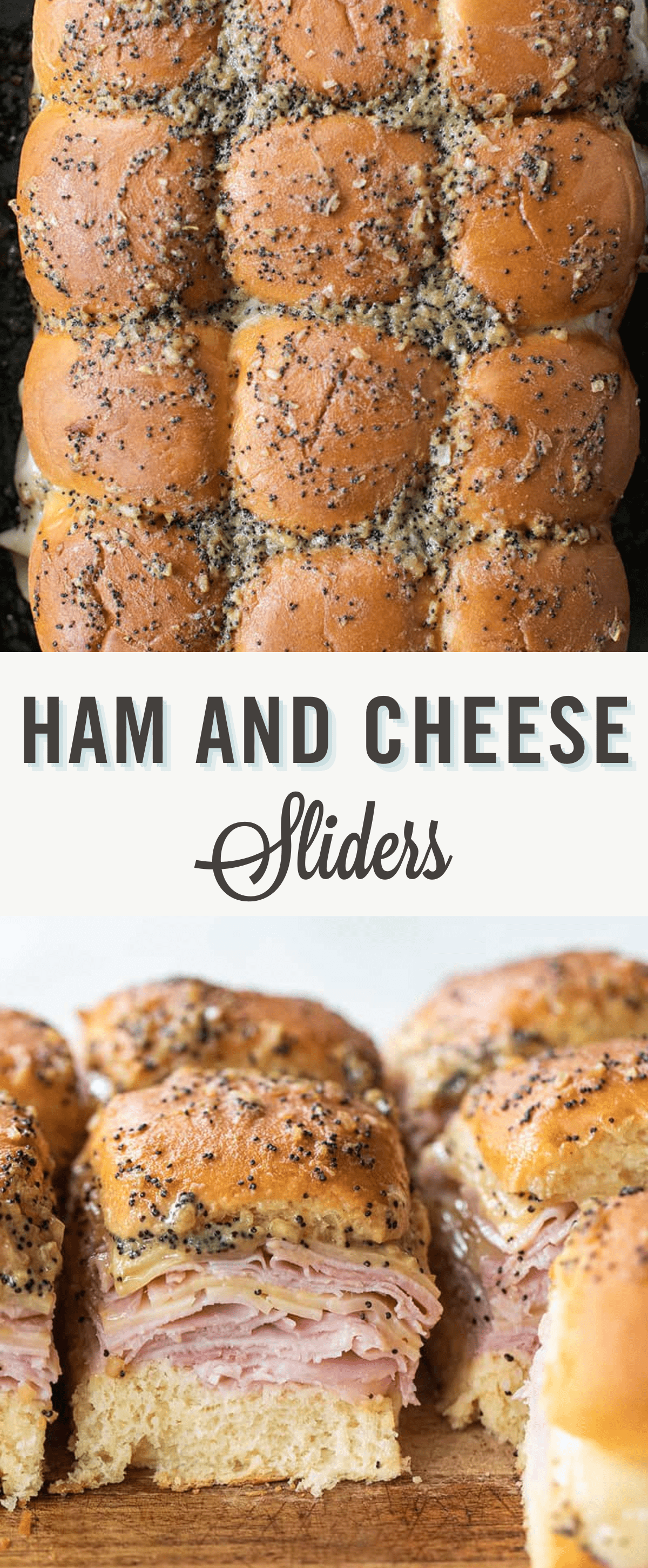 Ham and cheese sliders with text.