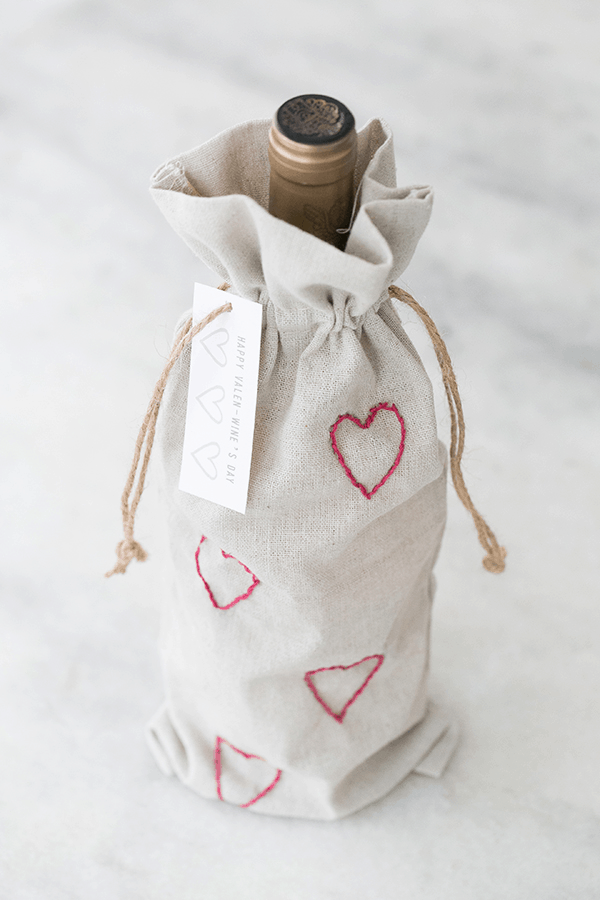 Valentine's Day wine bags with embroidery hearts. 