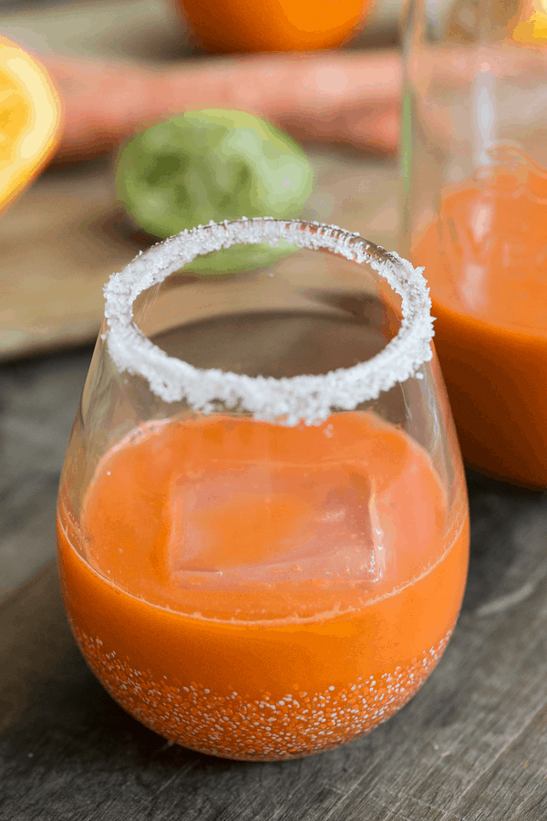 Carrot margarita with a salted rim.