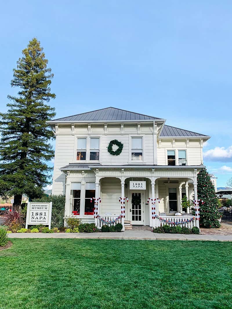 White farmhouse decorated for Christmas at 1881 Napa