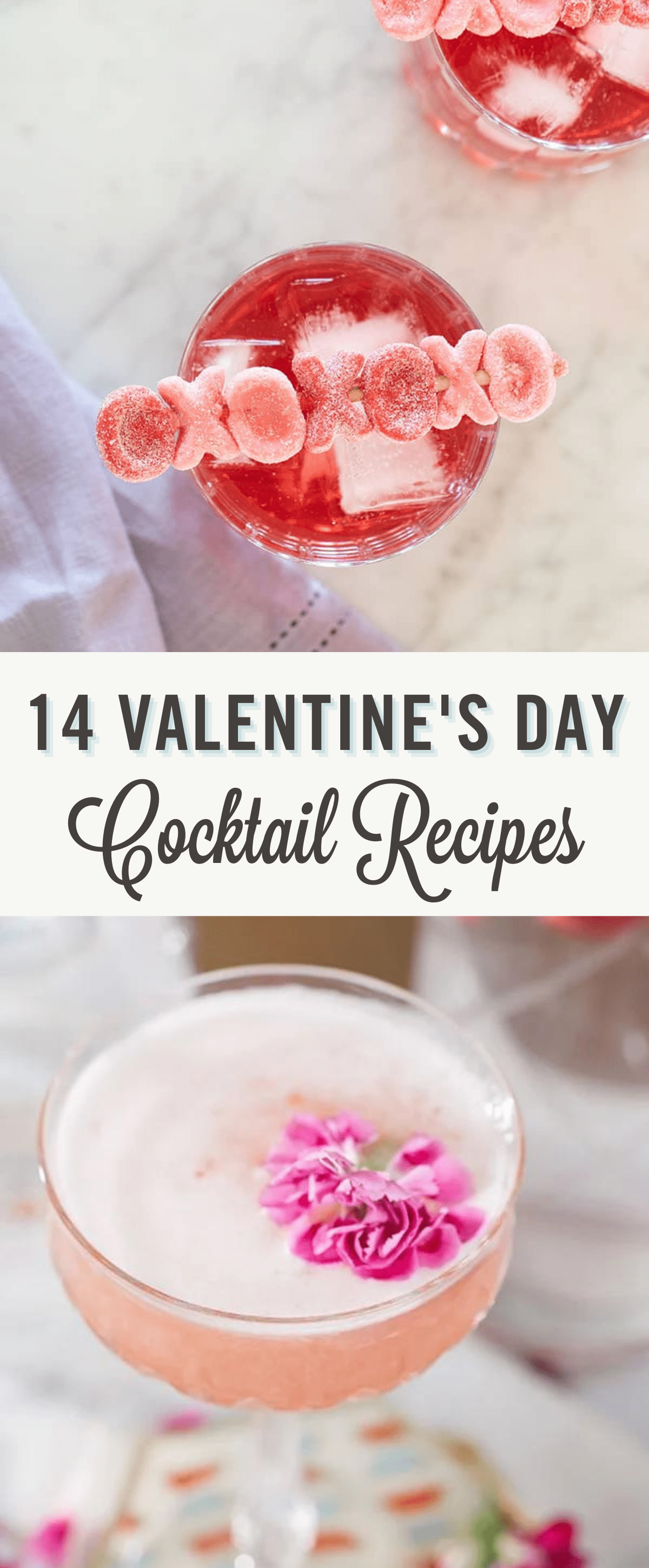 Valentine's Day cocktail recipes with title. 