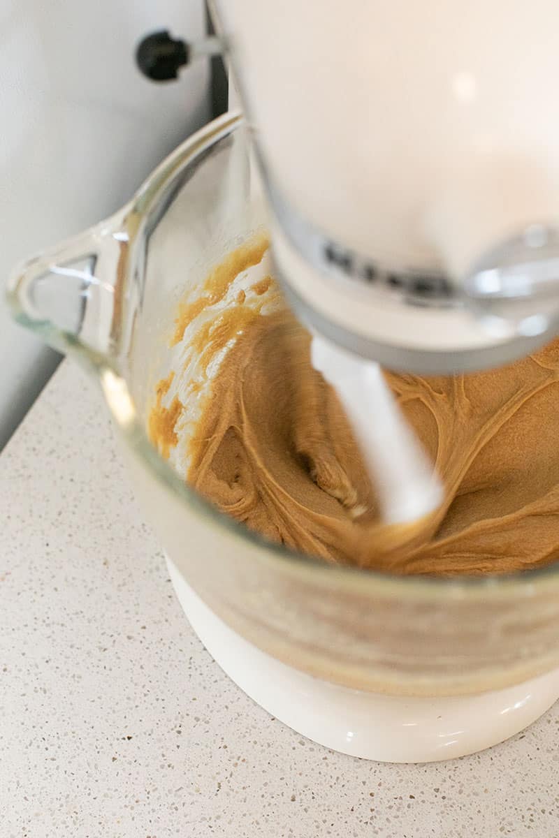 Mixing batter in a KitchenAid mixer - melted butter, large bowl