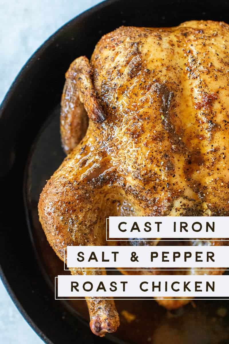 roasted chicken in a cast iron skillet with text overlay on the image.