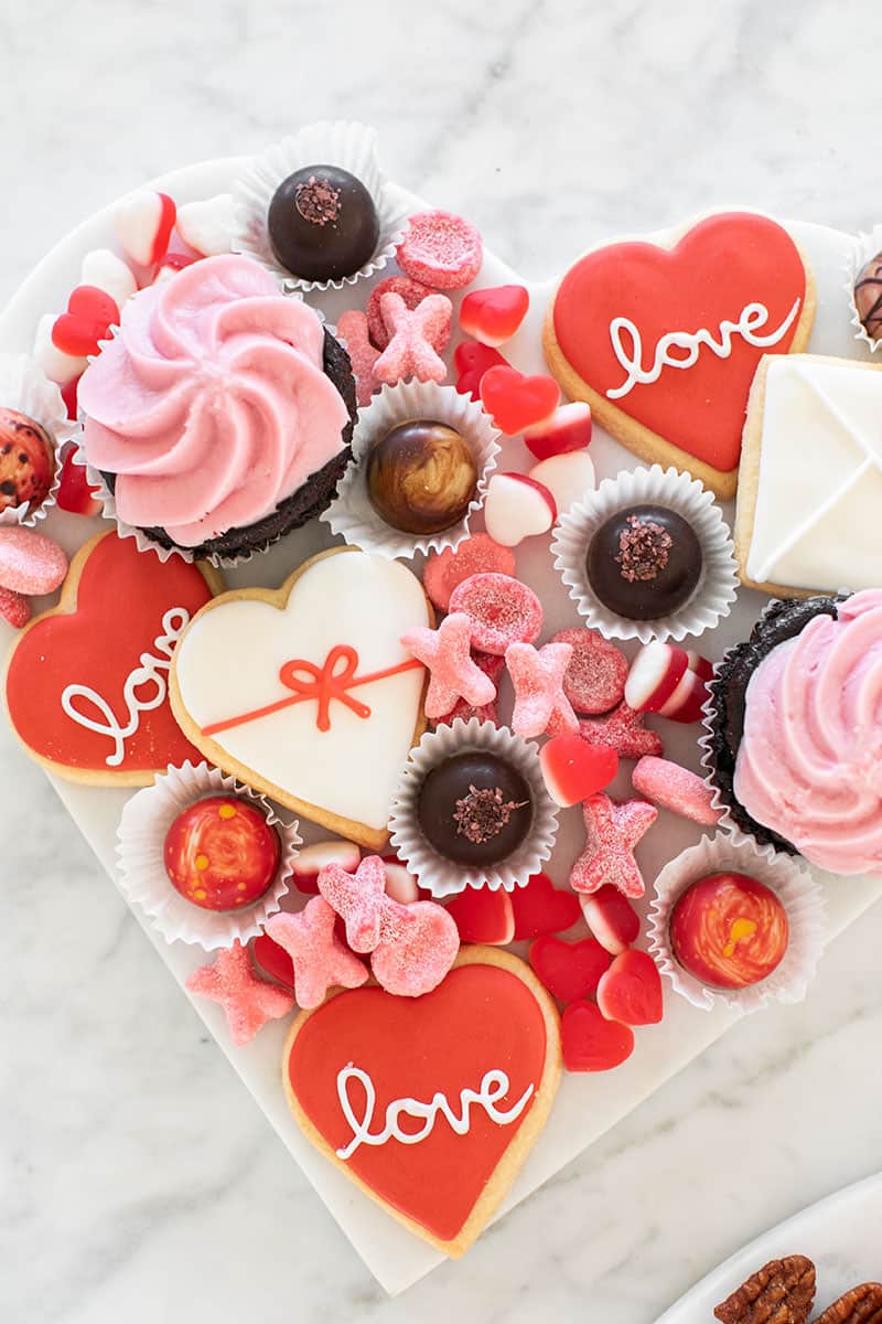 Valentine's Day Dessert Platter with cookies, gummies, cupcakes 