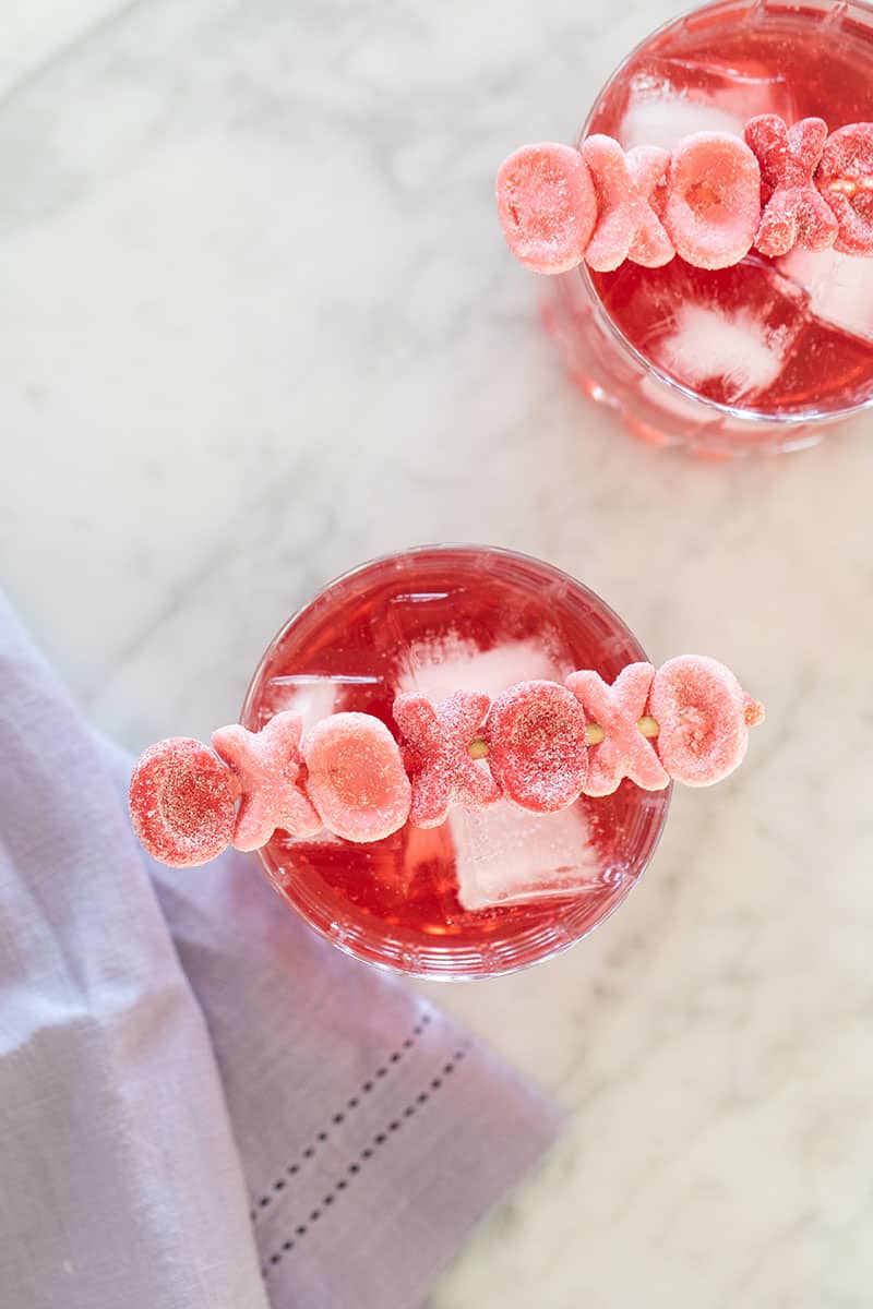 Valentine's Day Cocktails with XOXO gummy skewers.