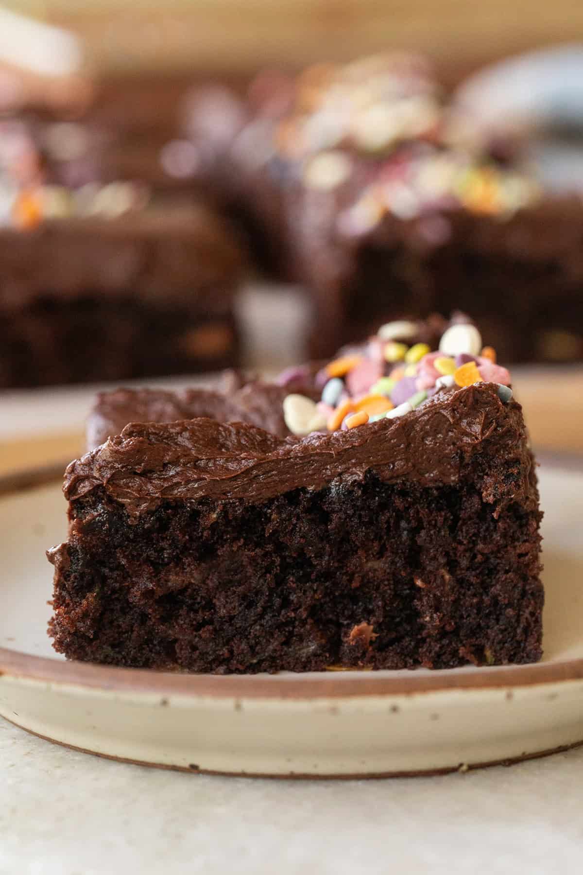 Fluffy chocolate zucchini cake with chocolate frosting and sprinkles.