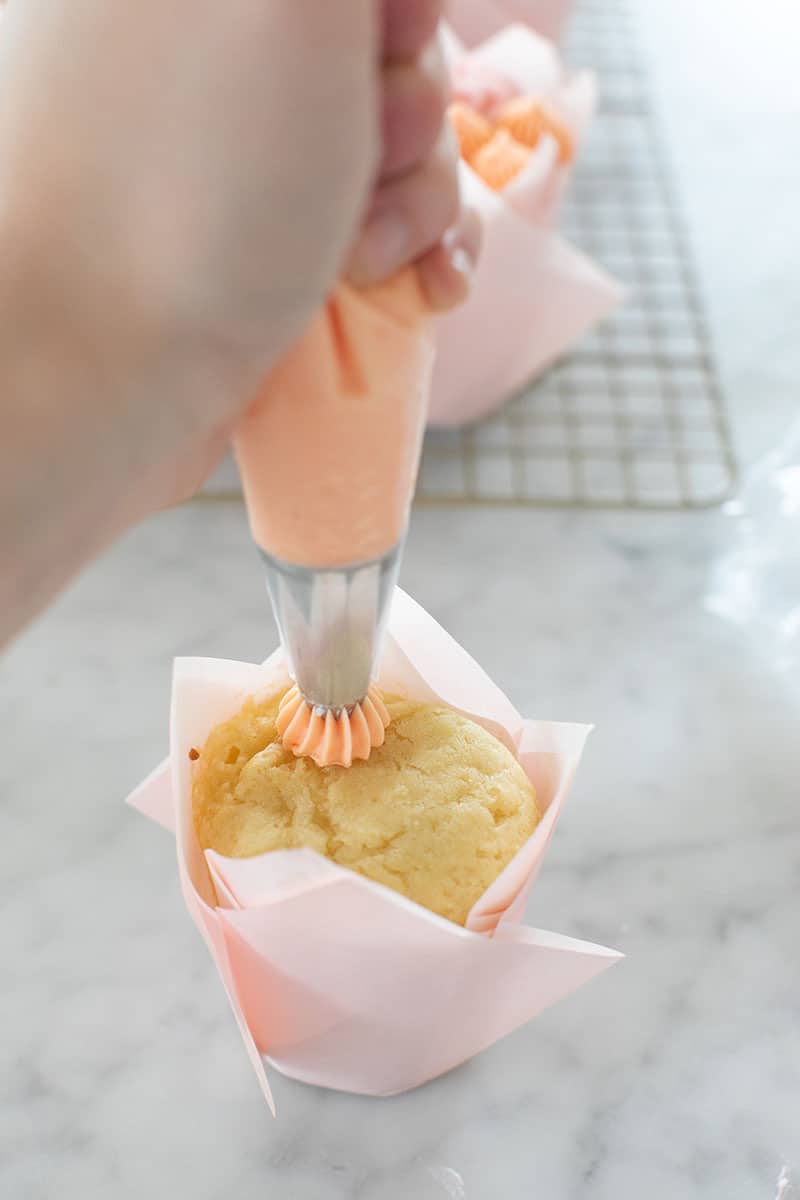 Piping on a buttercream flower to a cupcake.