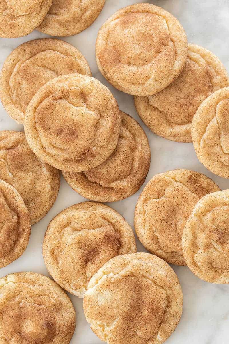 Snickerdoodle cookies on a marble table.