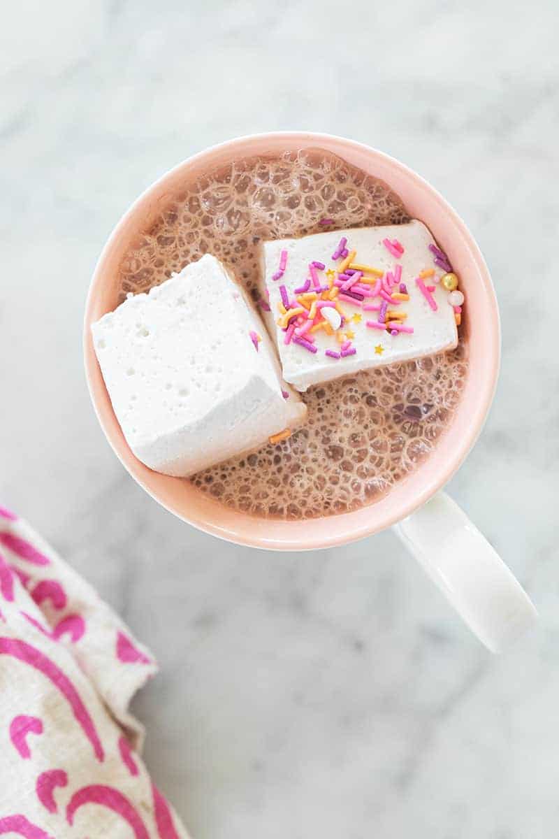 Homemade marshmallows in a cup of hot chocolate.