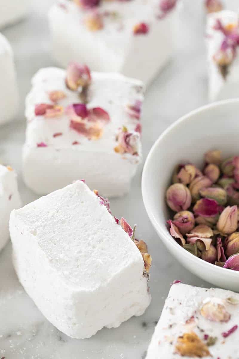 Giant marshmallows with rose petals over the top.