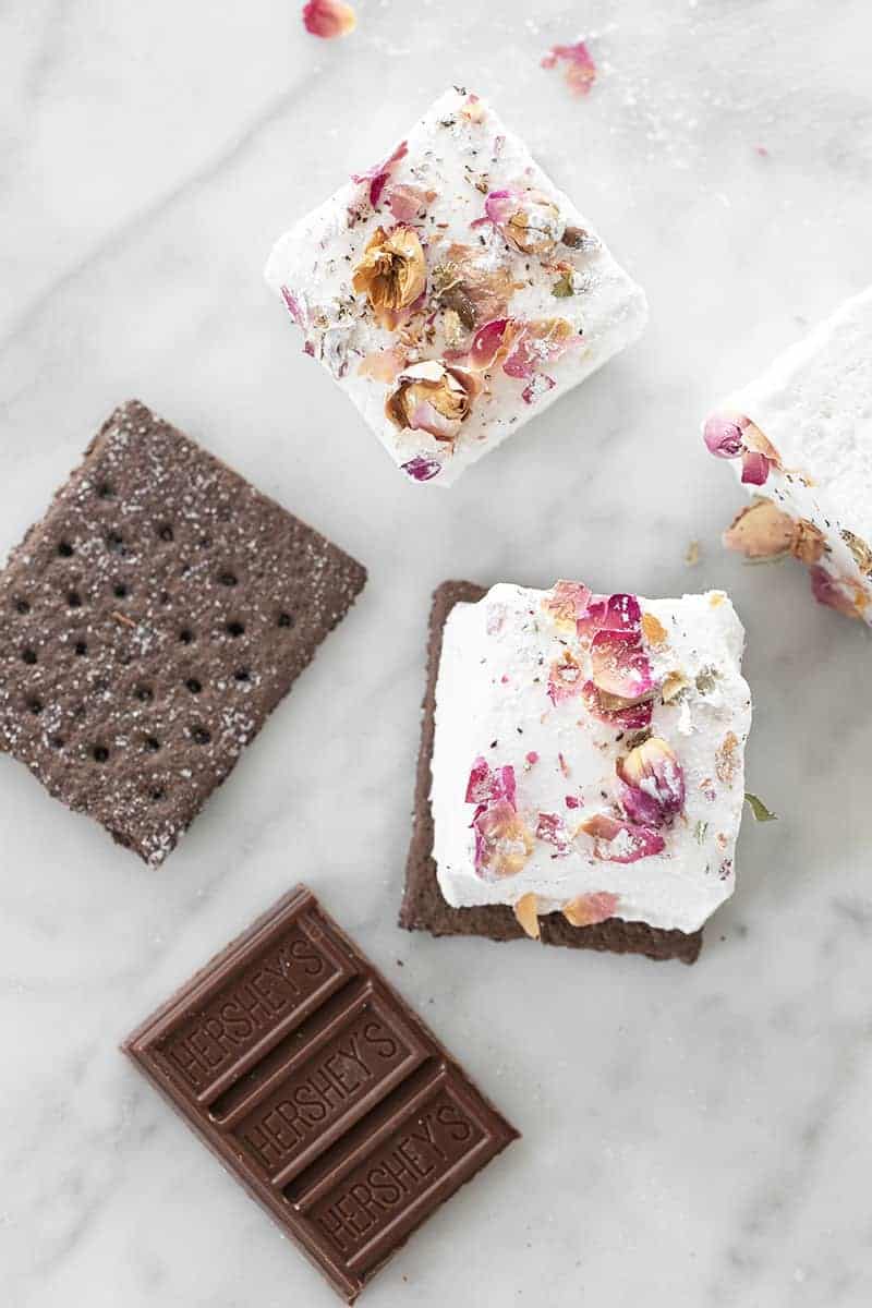 Rose flavored marshmallows on a Graham cracker and chocolate.