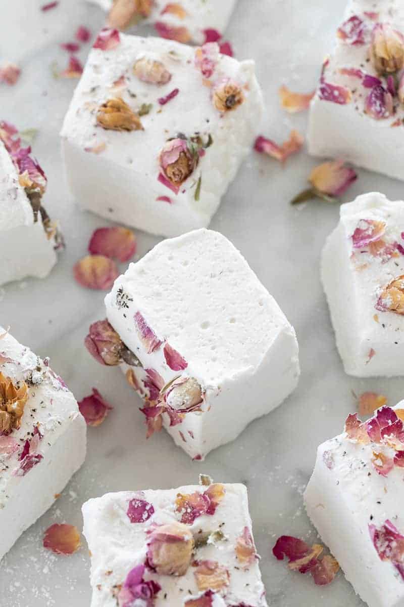 Giant fluffy marshmallows with rose petals. 