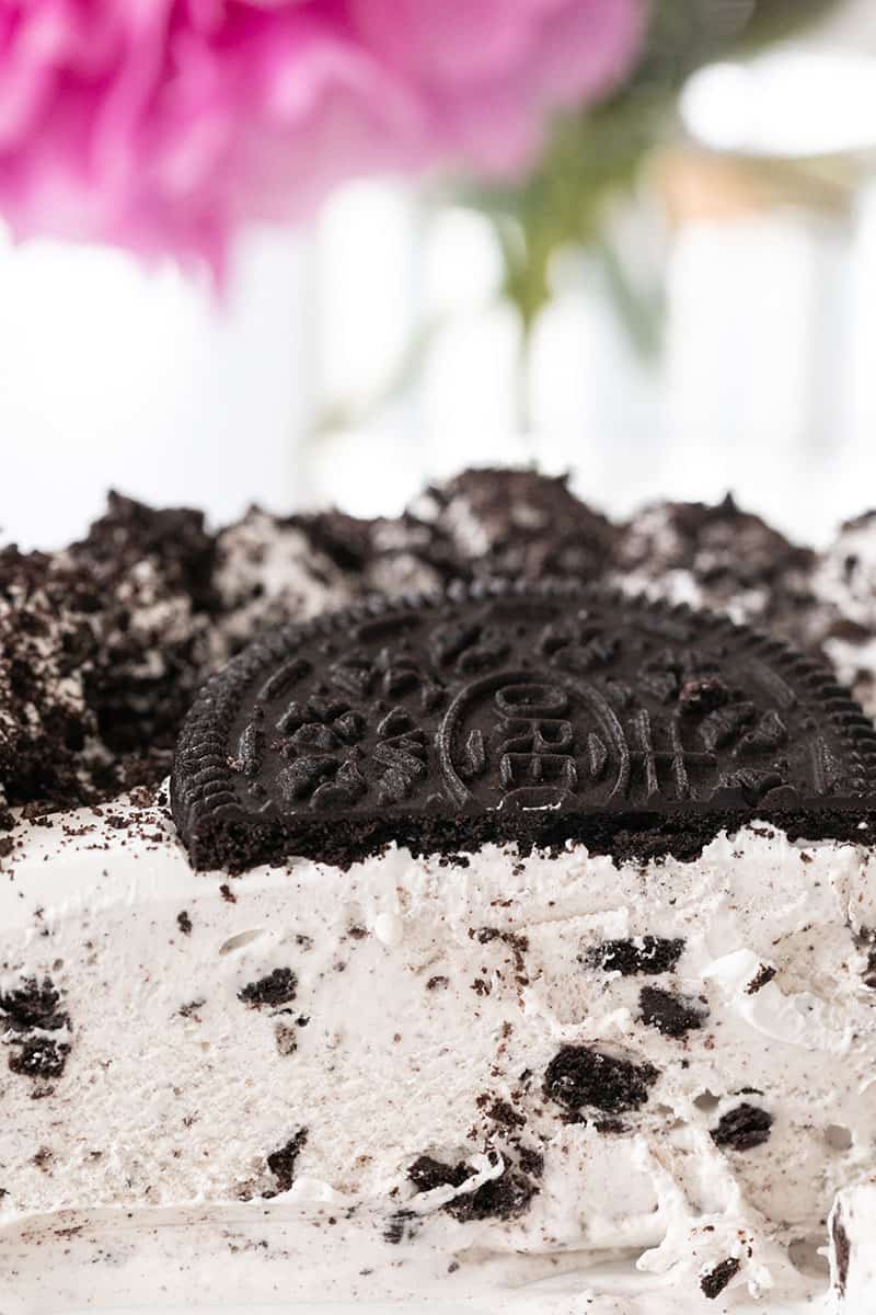 Slice of Oreo ice cream cake.