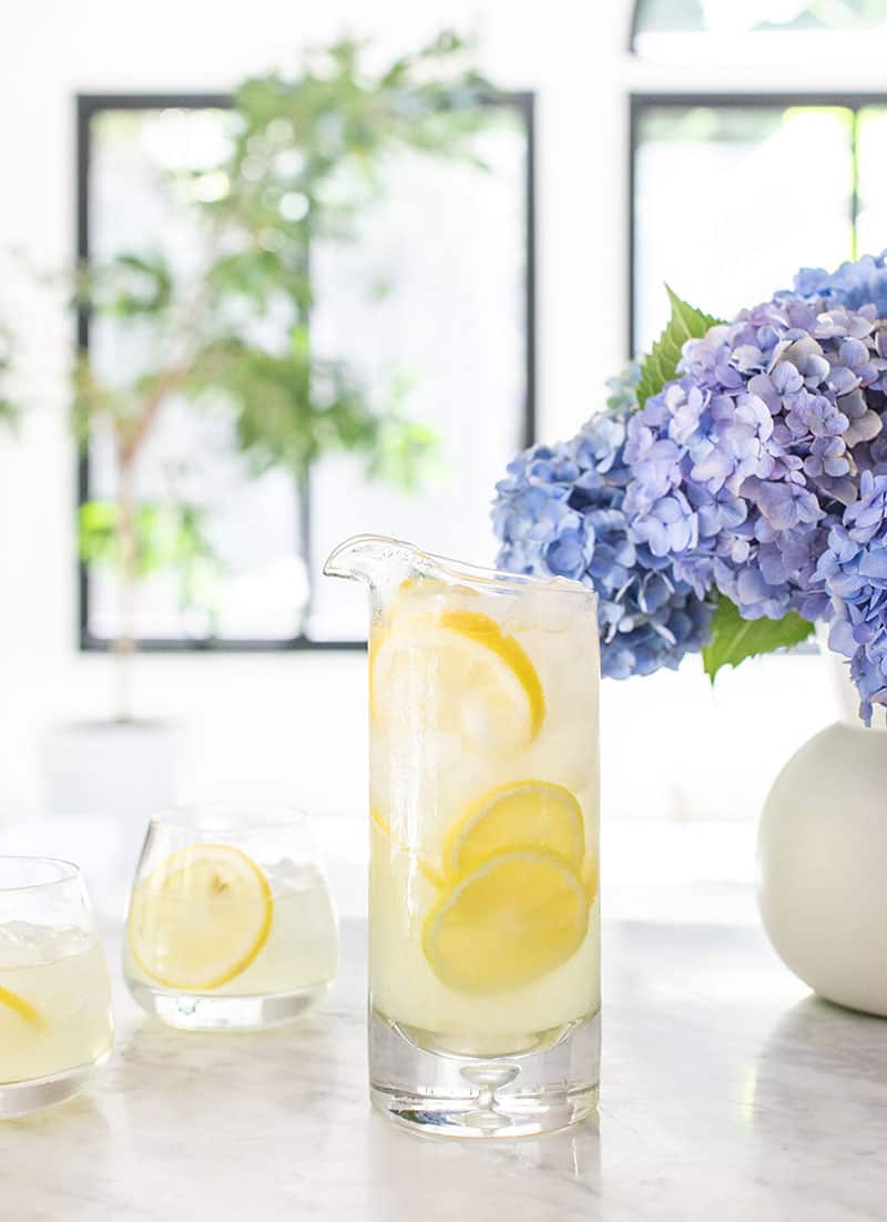 lemonade recipe with lemon juice for an easy homemade lemonade in a pitcher.