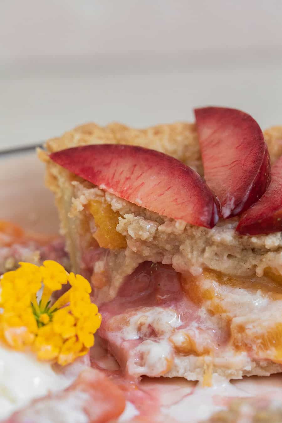 Sliced plumcots on a crumble pie topping with yellow flowers and apriums.