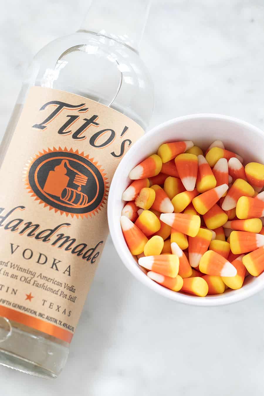 Titos vodka and candy corn.