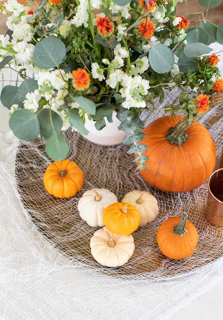 Halloween decorations, pumpkins and Halloween gauze.