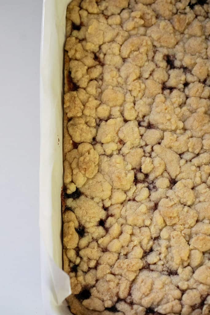 Baked shortbread cookie bars after they come out of the oven. 