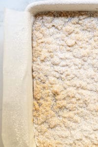 A layer of powdered sugar over the shortbread cookie bars.