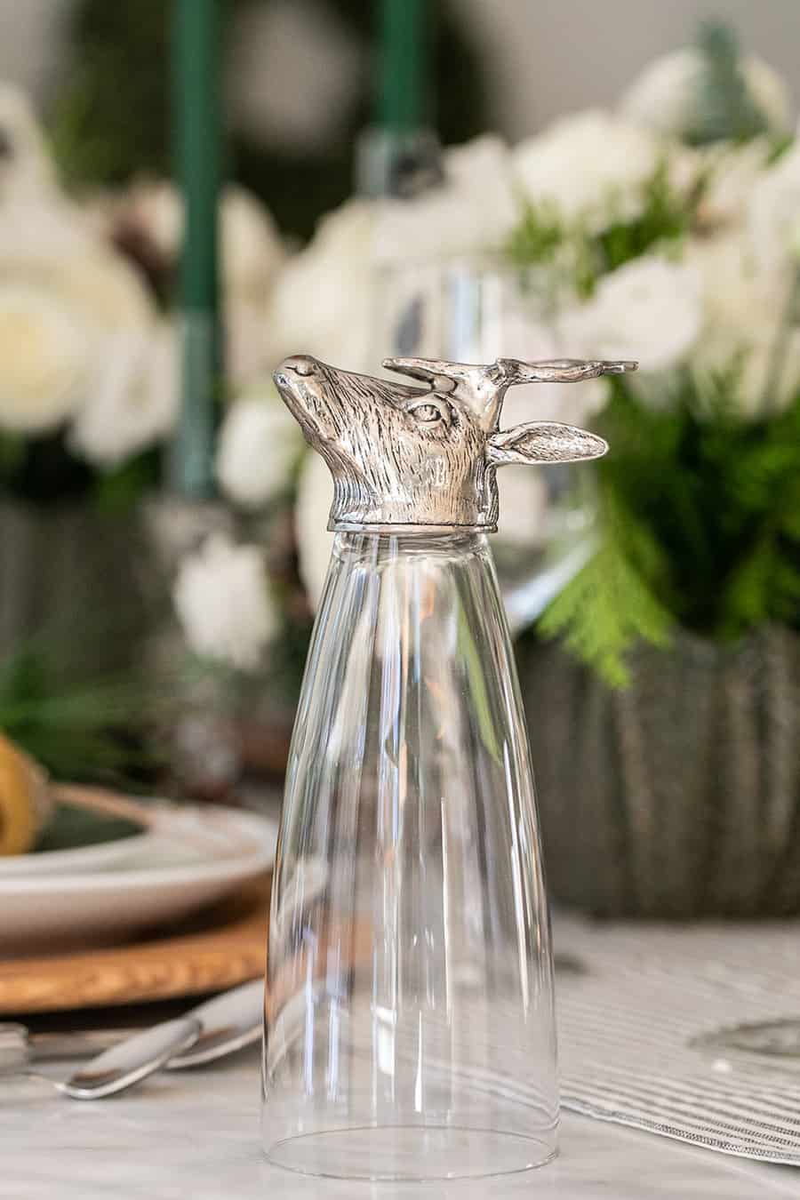 Deer antler cups from Williams Sonoma on a Christmas table.