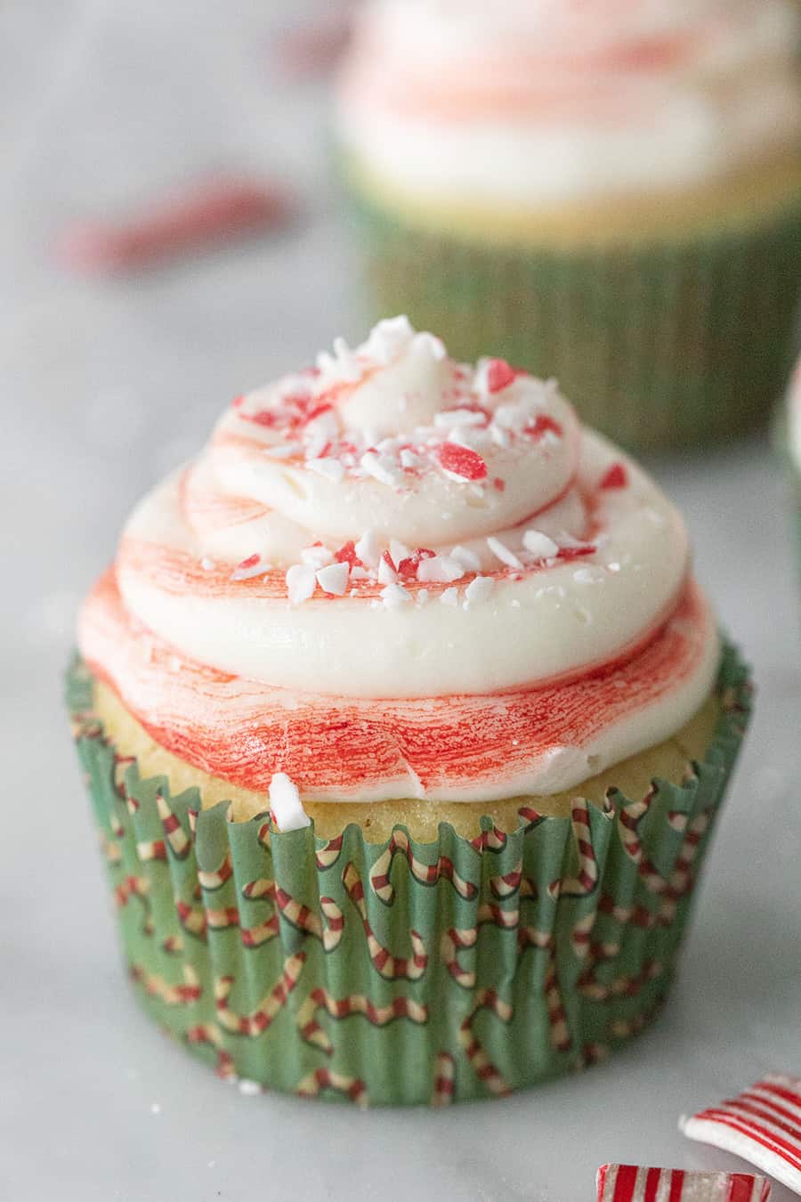 vanilla candy cane cupcake with peppermint frosting