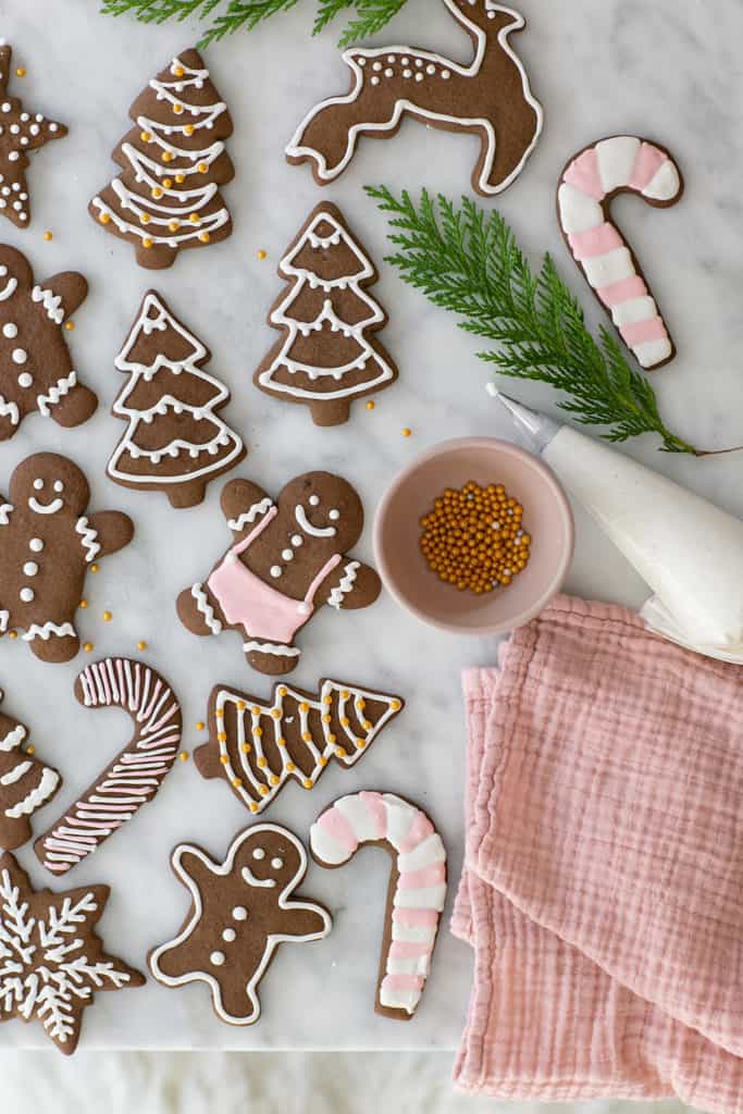 Beautifully decorated gingerbread cookies with royal icing.