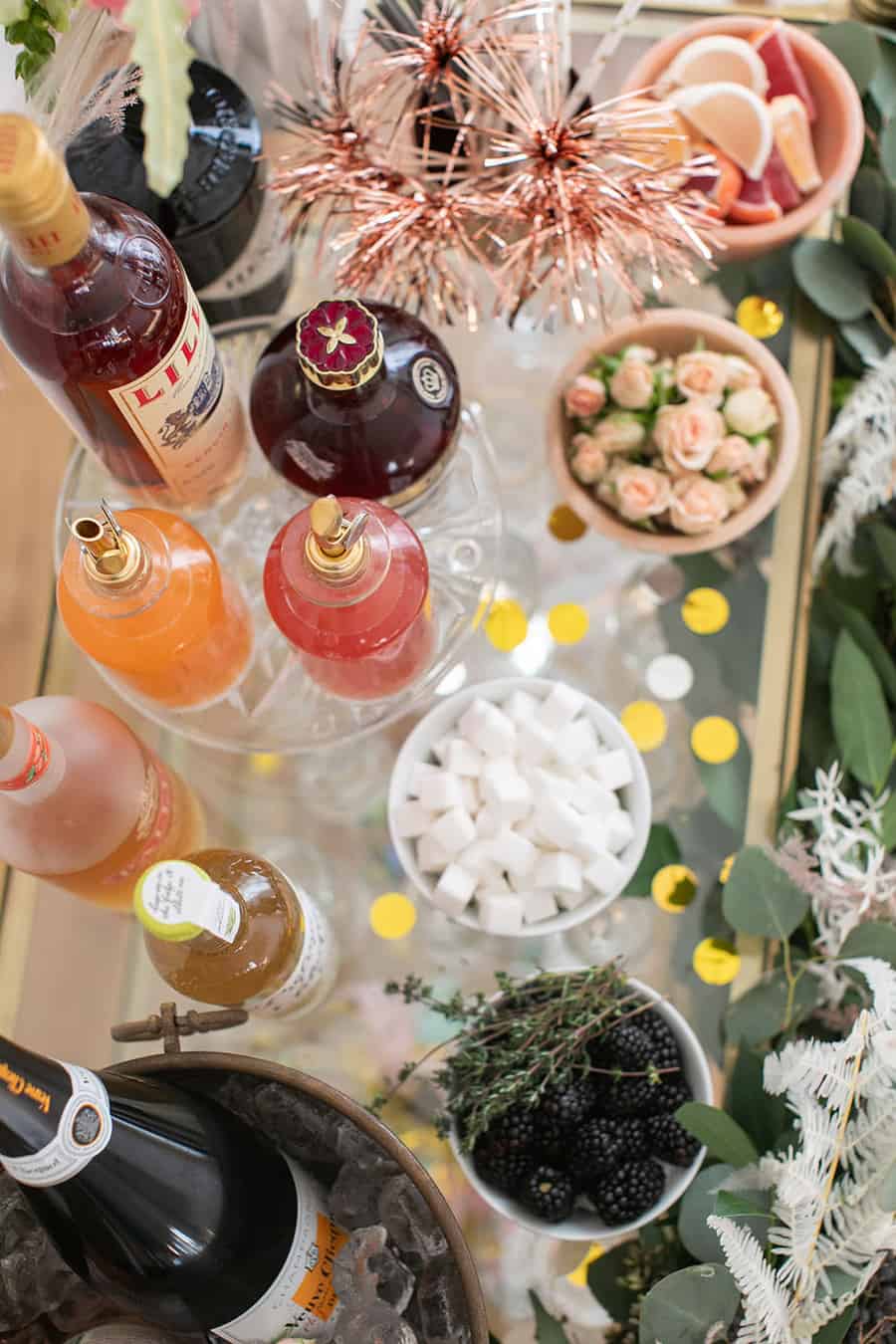 New Year's Eve Champagne Bar with toppings, flowers and more