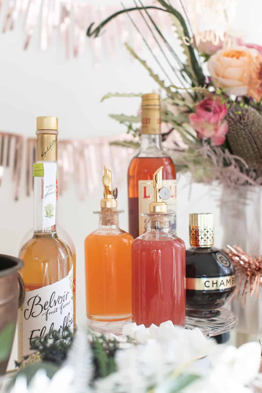 Juice, gin, liqueurs on a Champagne Bar