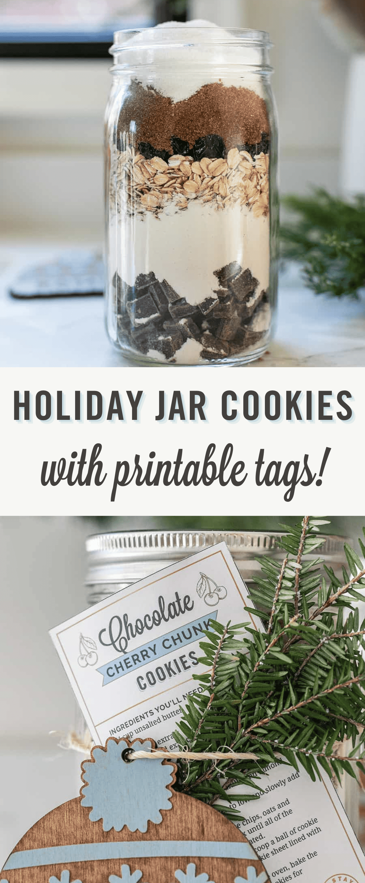 Holiday jar cookies with layers of ingredients. 
