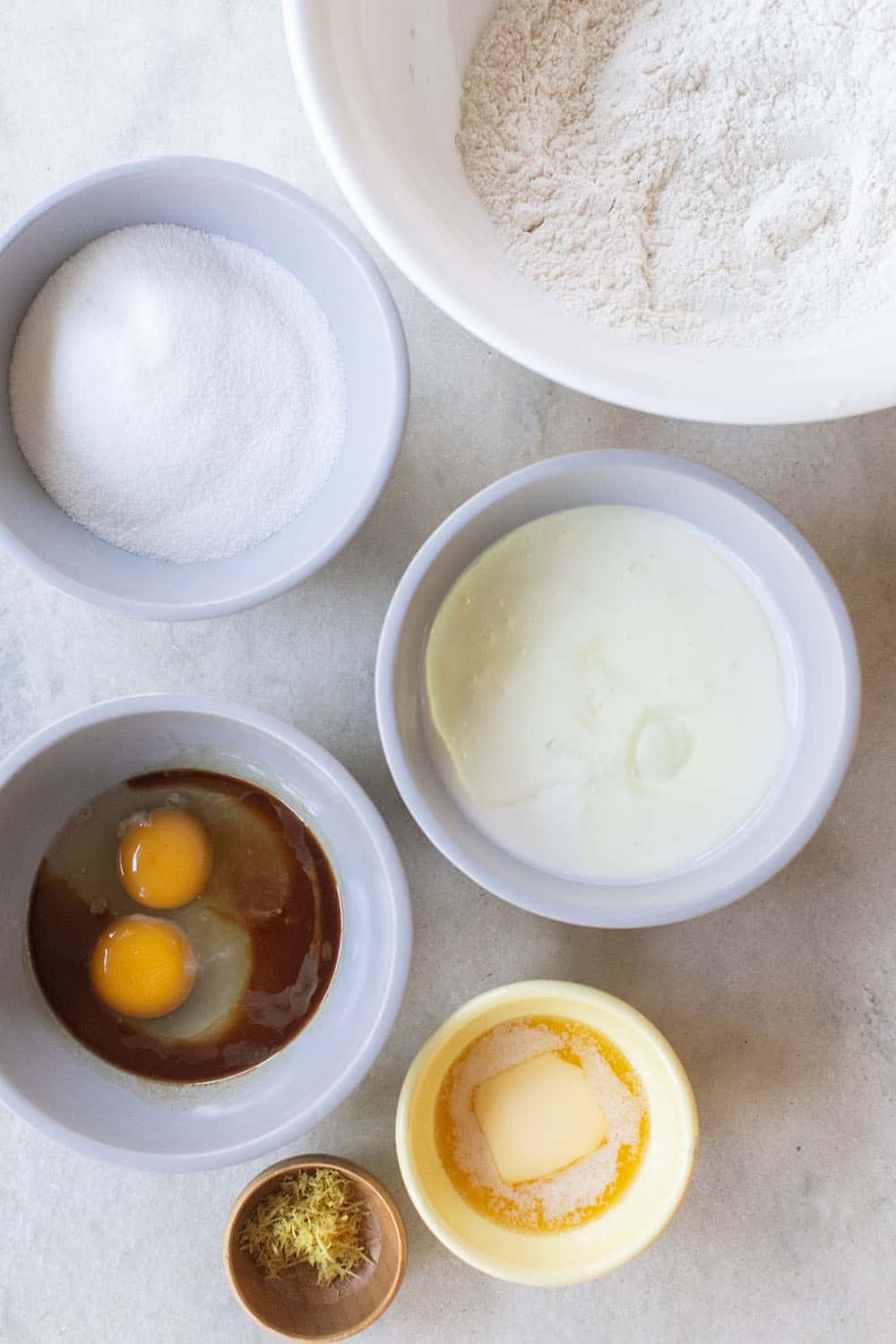 butter, eggs, oil, King Arthur flour, buttermilk, vanilla and sugar 