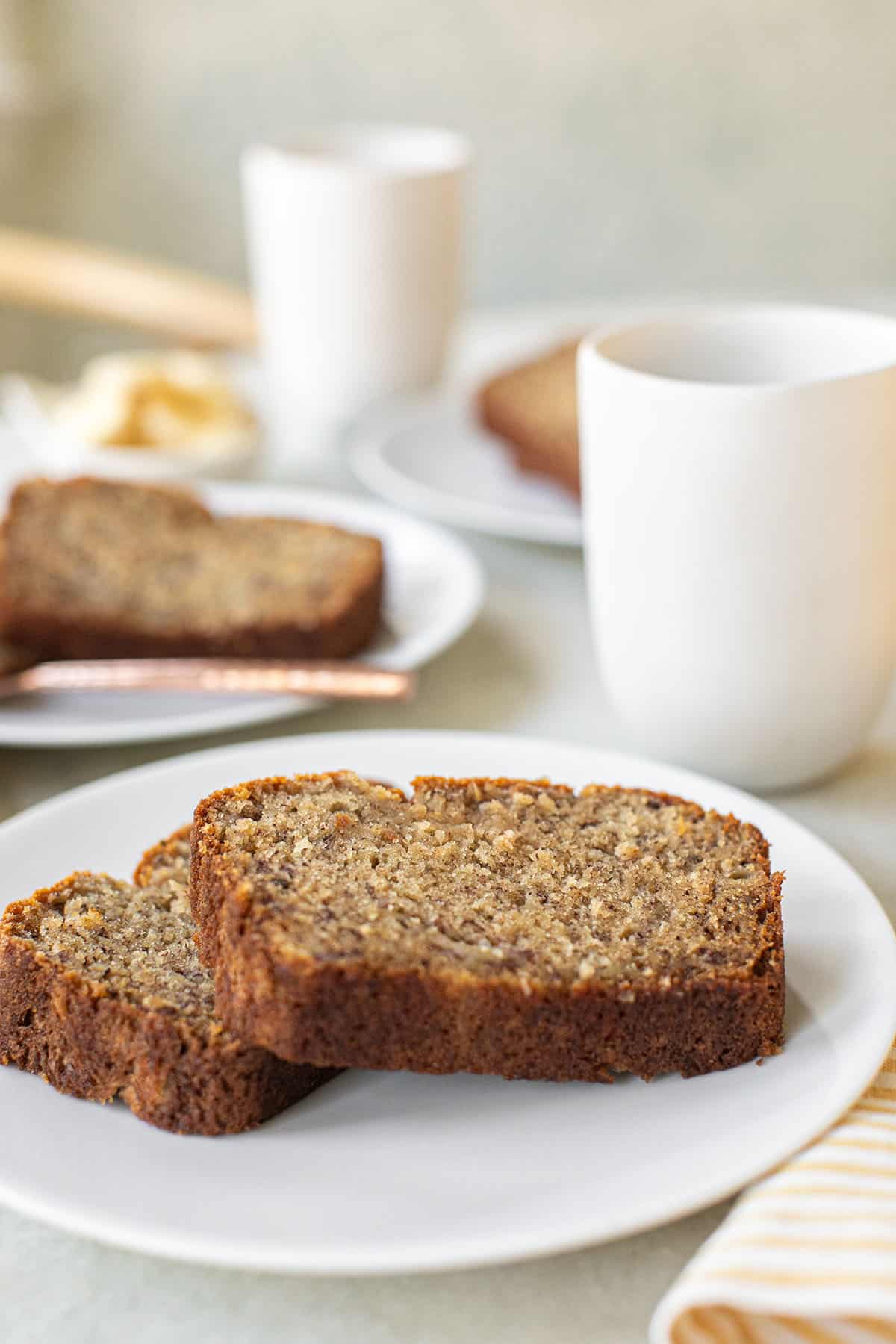 easy banana bread on white plate