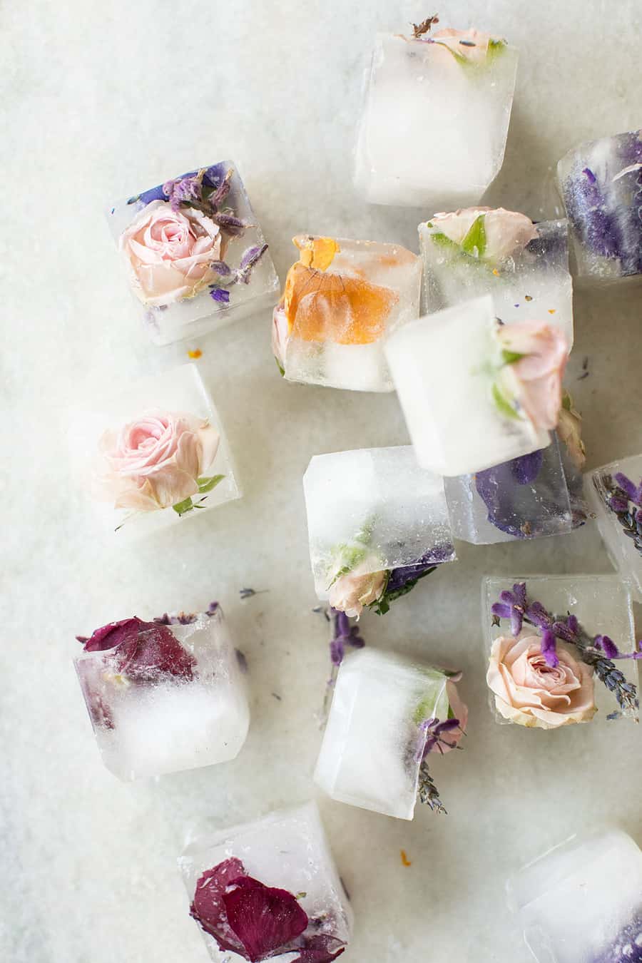 Floral ice cubes with roses and lavender 