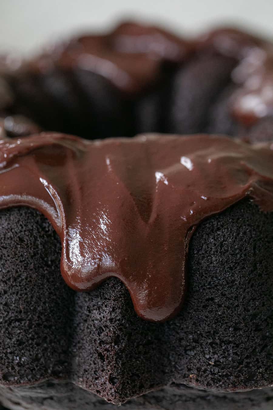 Chocolate dripping down a chocolate bundt cake