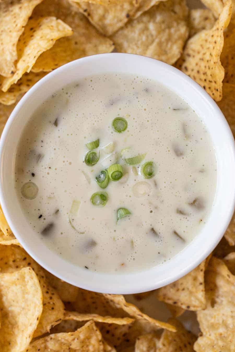 Queso blanco dip with chilis and green onions.