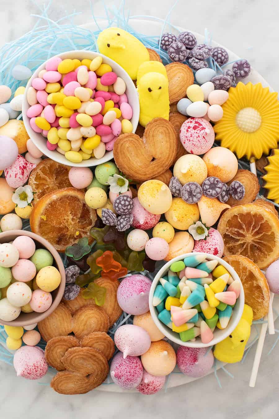 Easter dessert candy platter filled with colorful candy