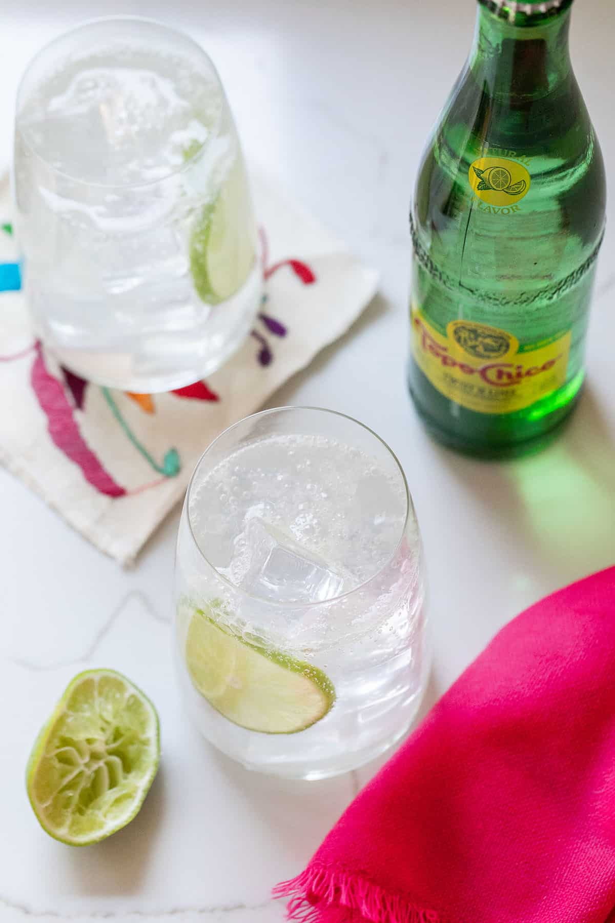 Ranch water cocktail with ice and lime.