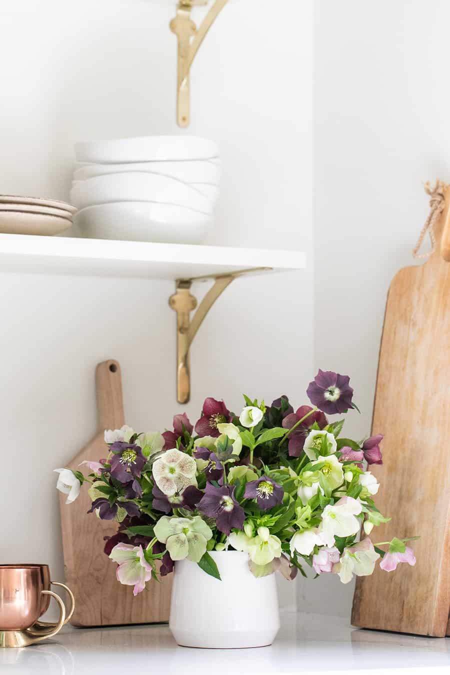 Hellebore in a white vase in a kitchen 