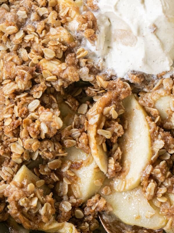 Apple crisp with vanilla ice cream.