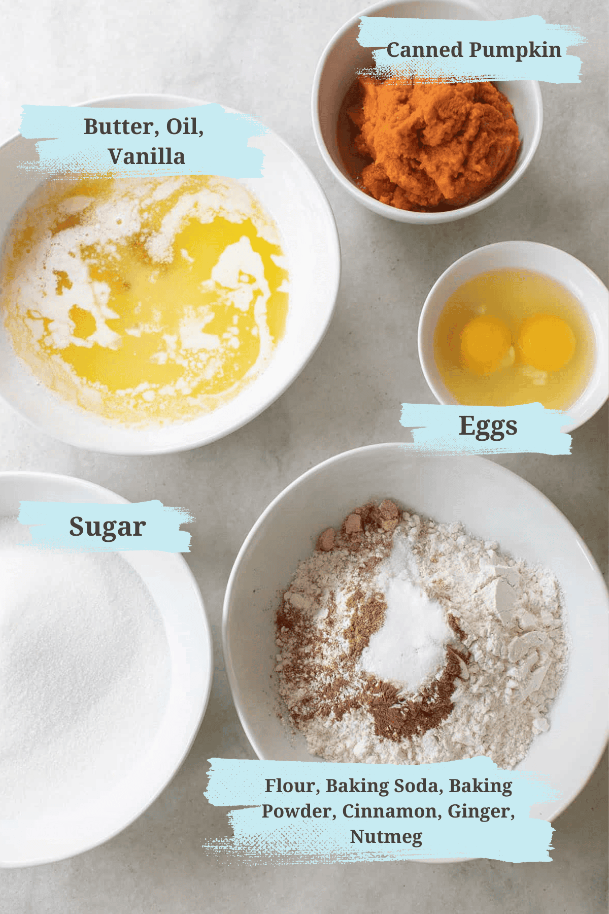 Ingredients in bowls with text over them to make moist pumpkin bread.