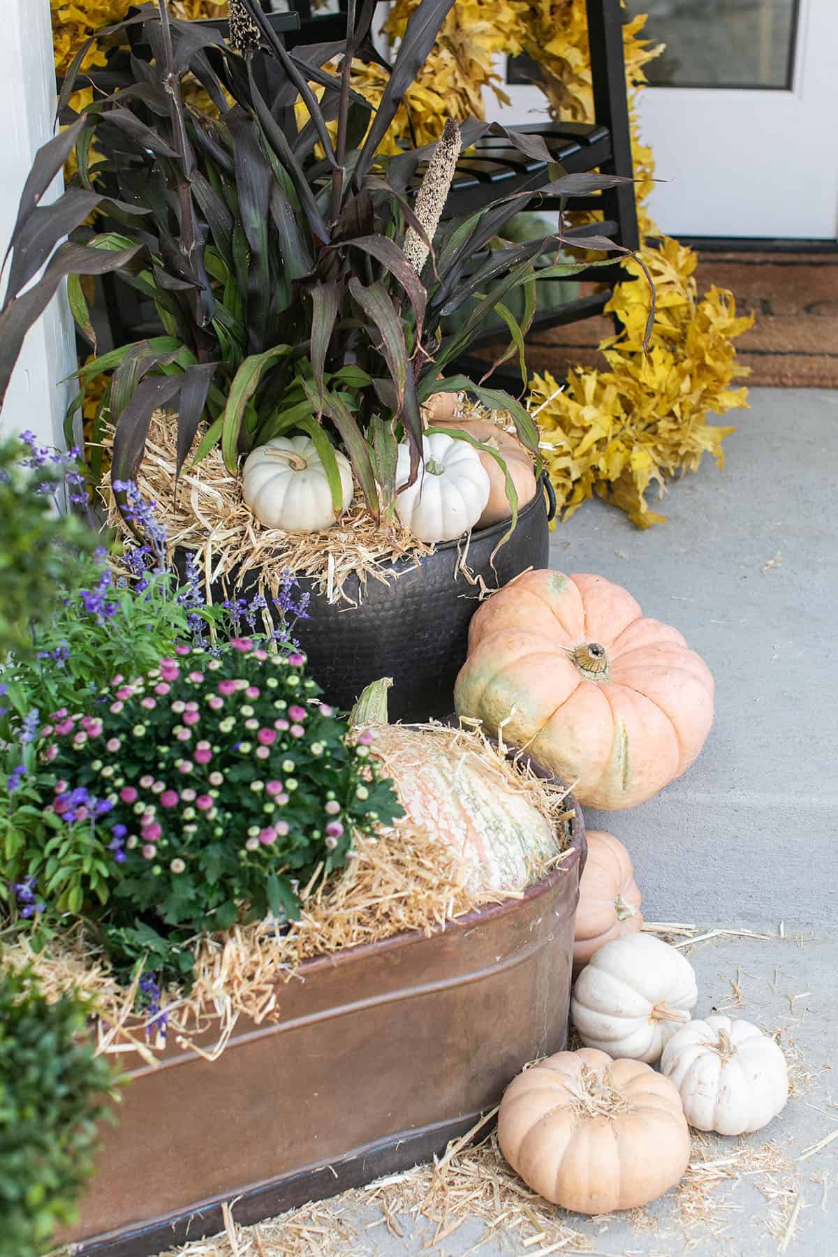 flowers in copper pots