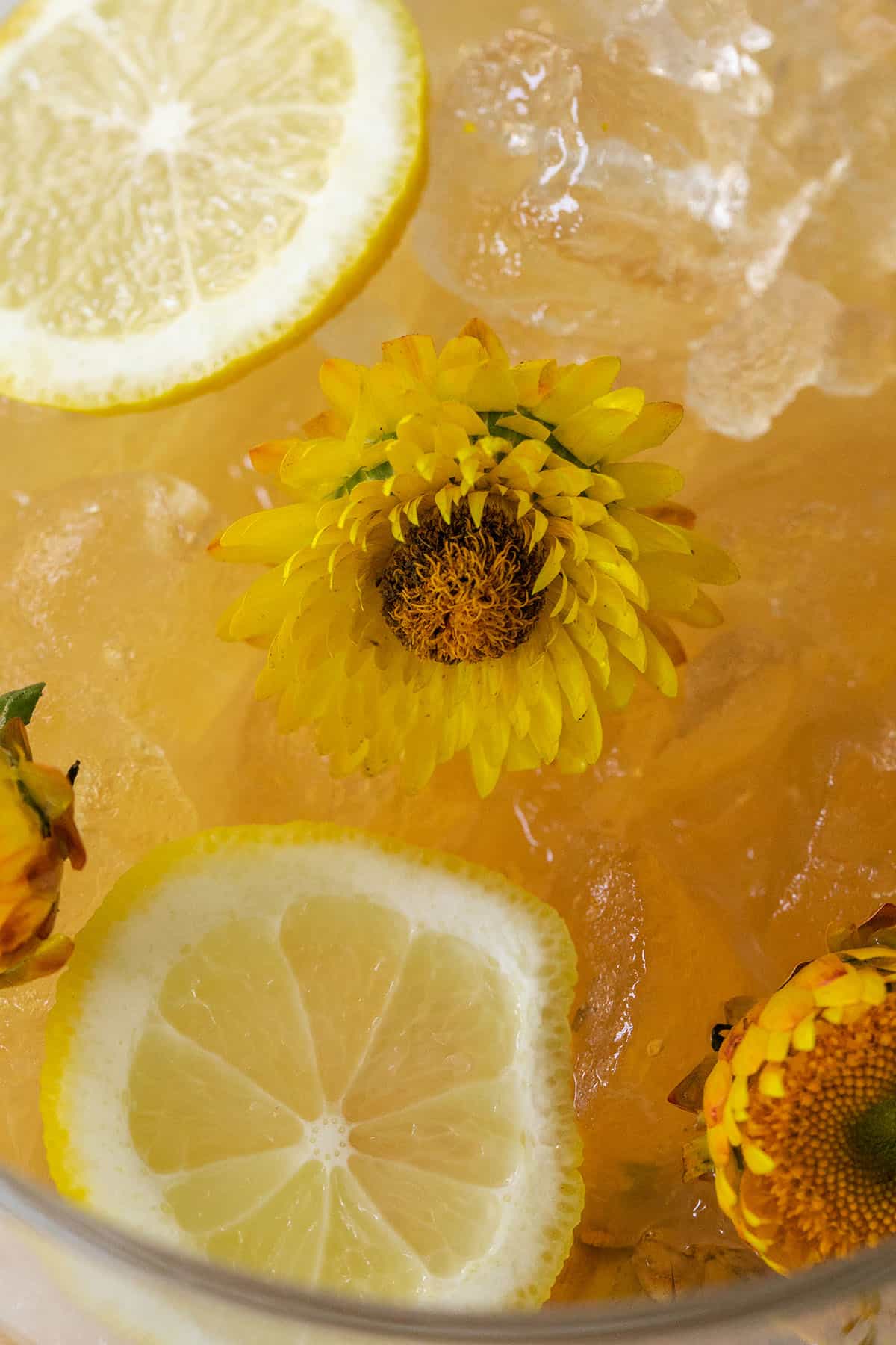 harvest punch with apple cider, lemon, whiskey and edible flowers