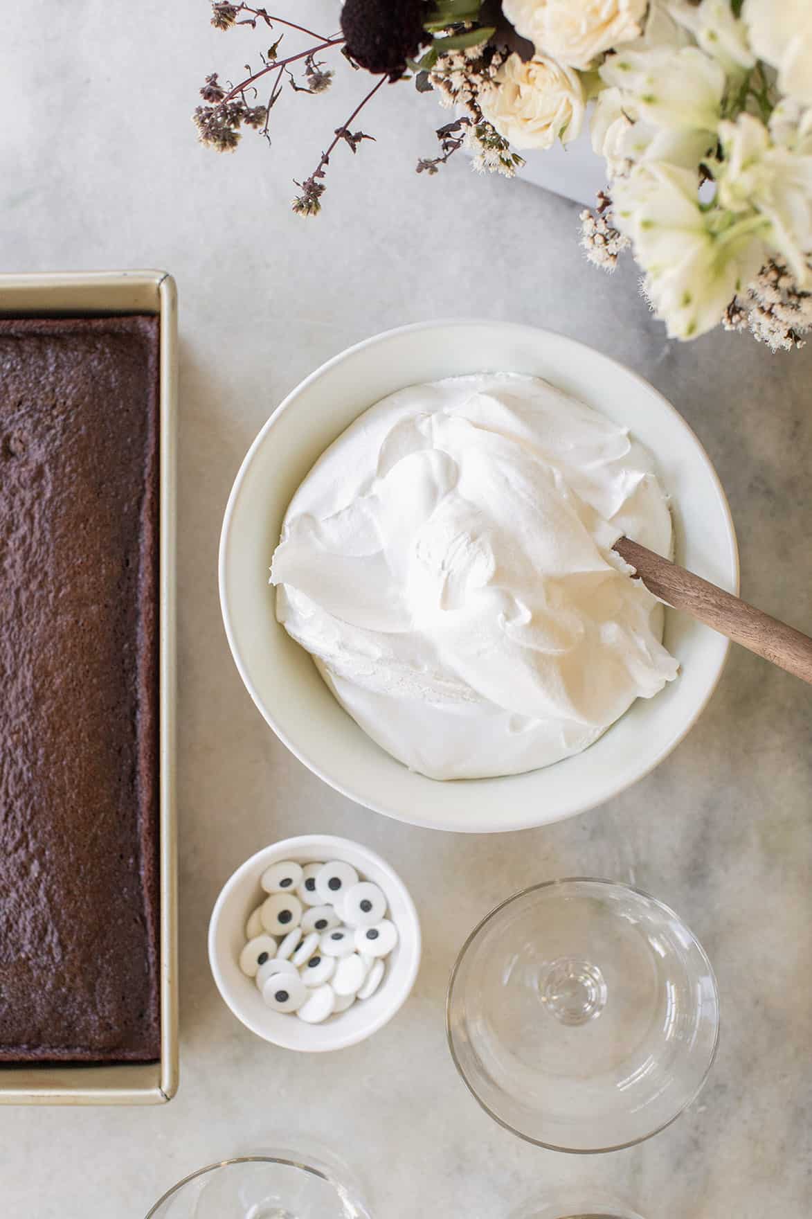 whipped cream and chocolate cake to make trifles
