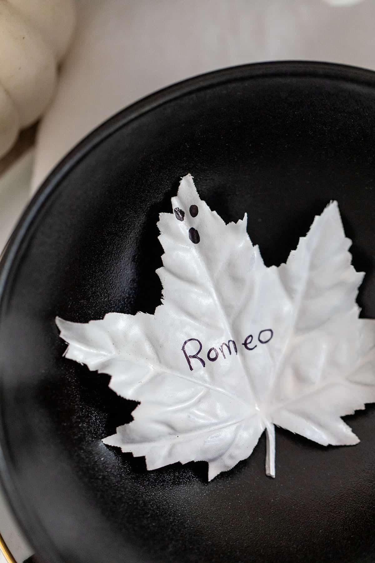 Halloween seating card - Maple leaf painted white with a name written in black marker. 