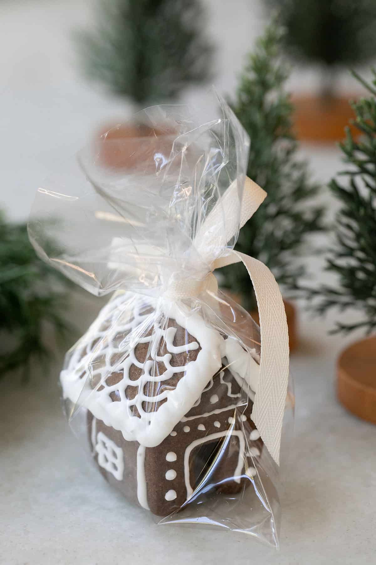 A mini gingerbread house all wrapped up.