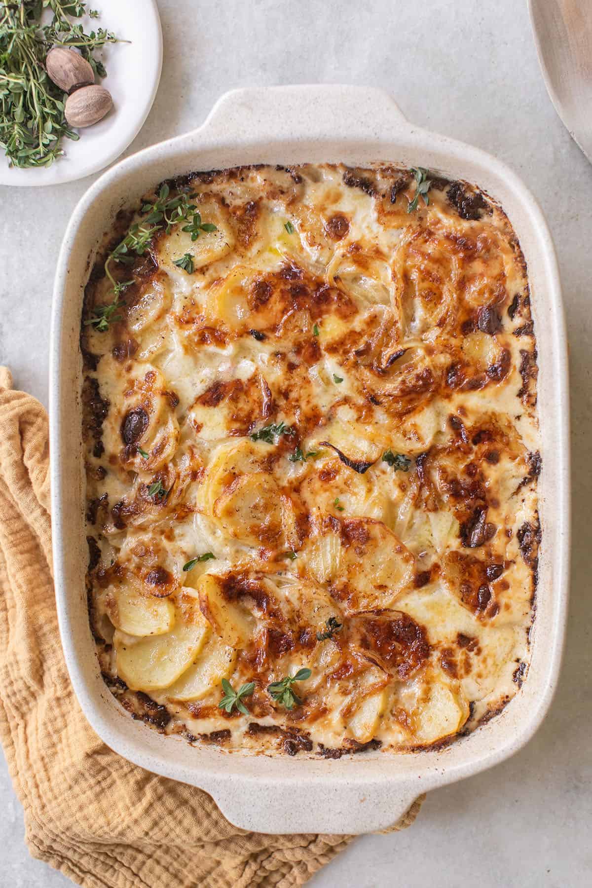 Cheesy Potato Casserole in a baking dish.