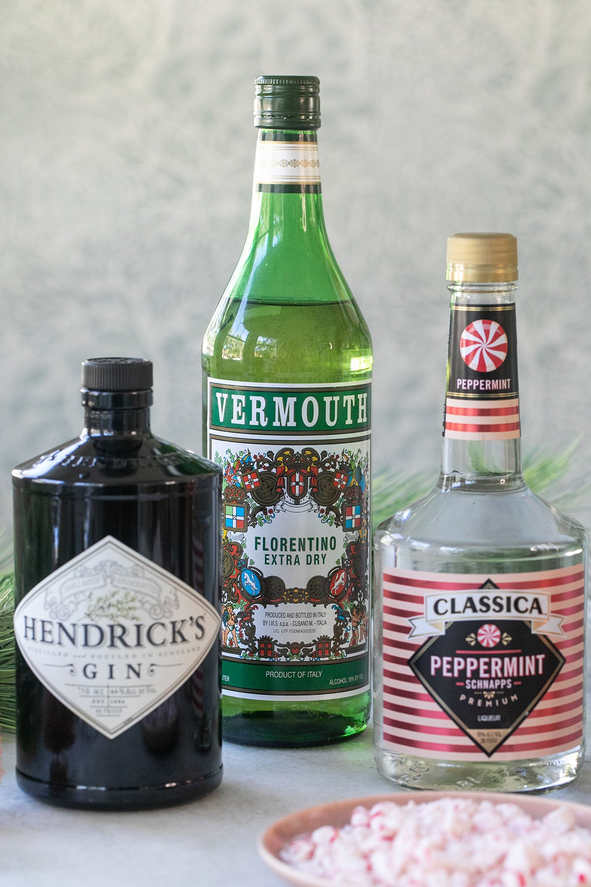 bottle of gin, vermouth and peppermint schnapps.