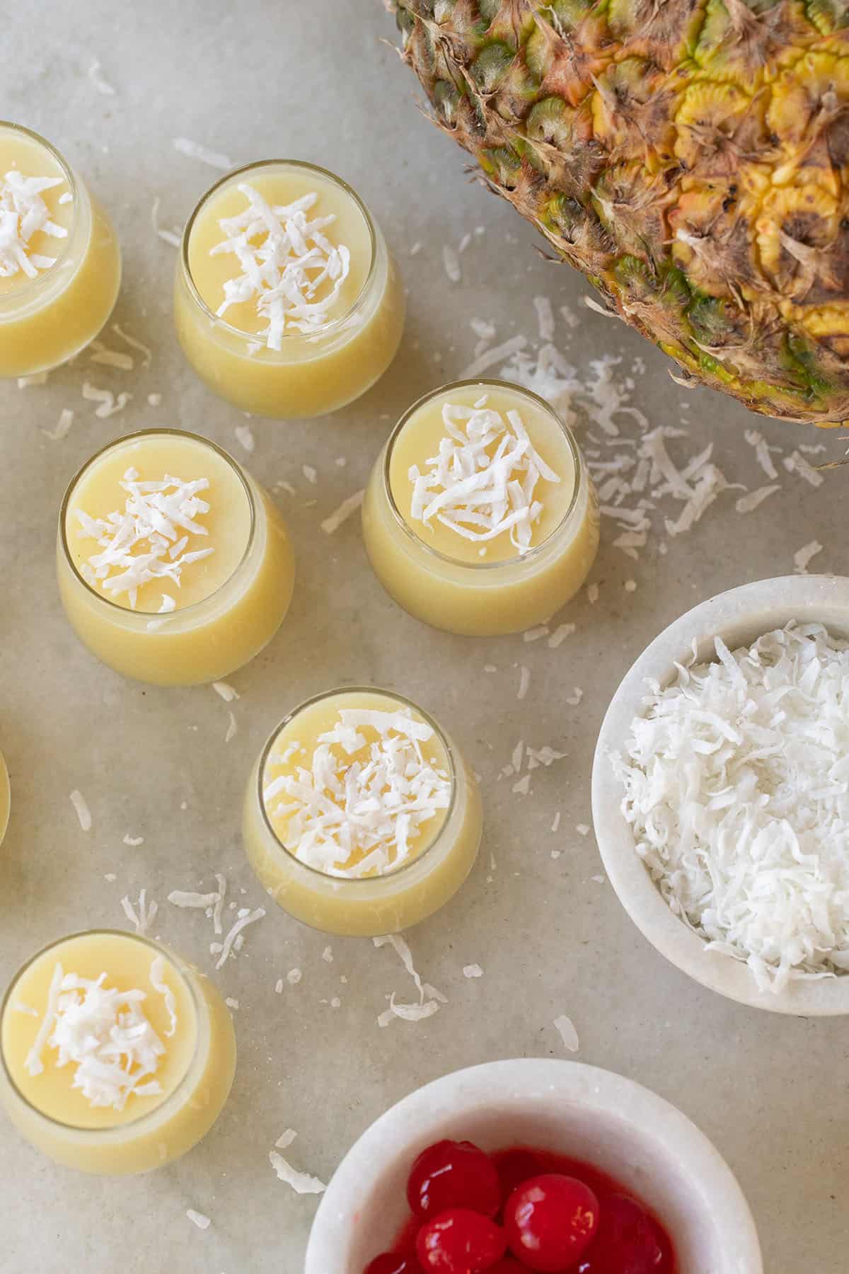 pina colada jello shots with shredded coconut 