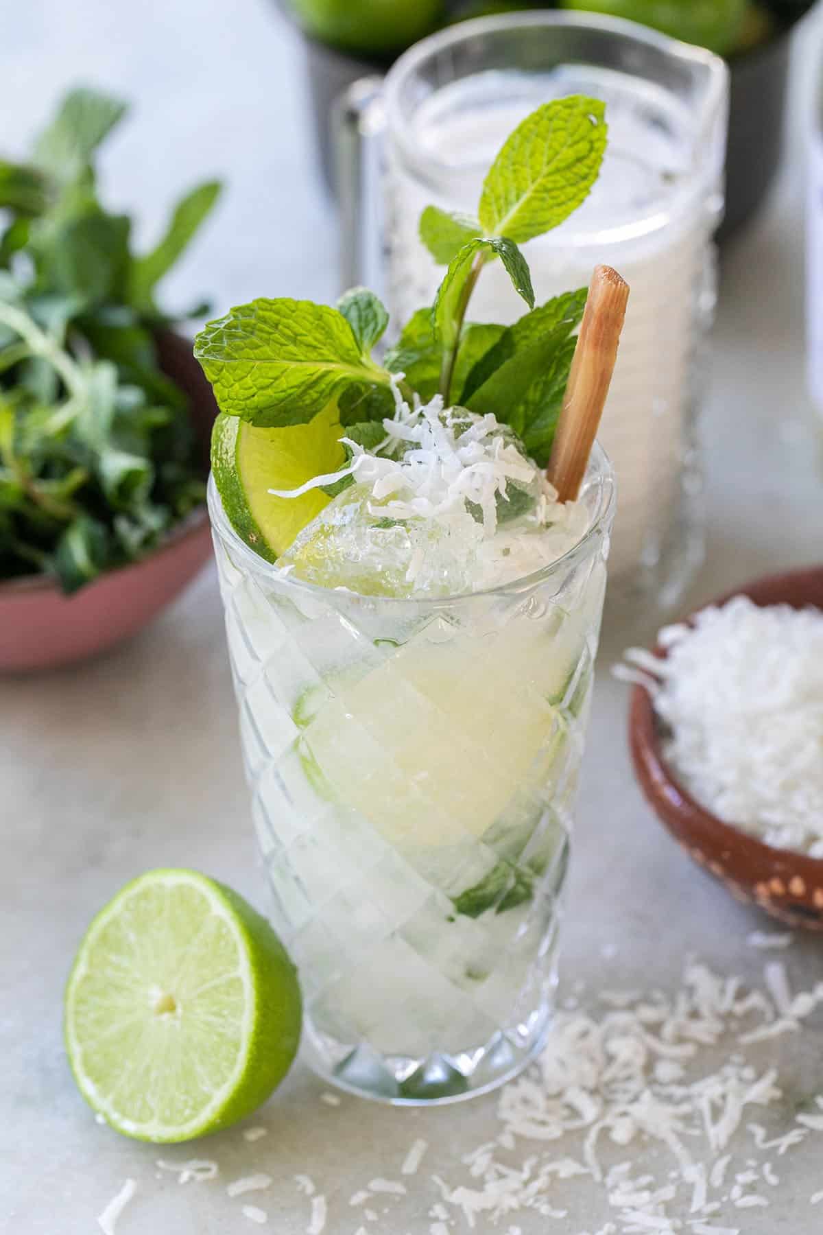 A coconut mojito in a tall glass with mint sprigs, lime slice and shredded coconut. 
