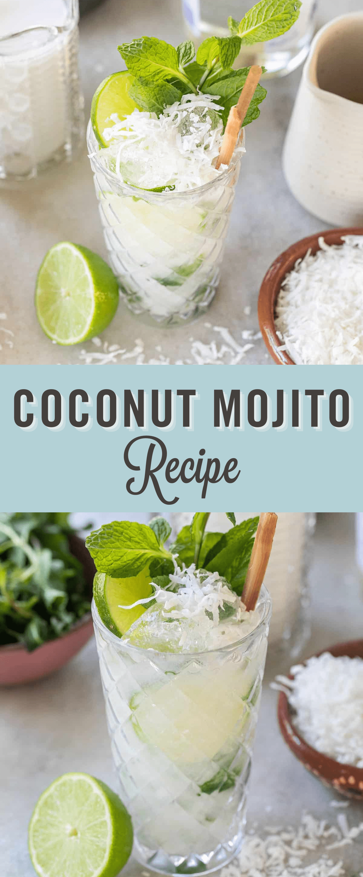 Coconut mojito recipe with title. 